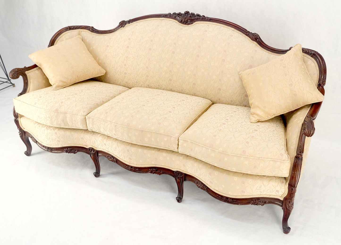 EstablishedLines Very Fine Carved Mahogany Frame Cream Upholstery Curved Back French Sofa MINT!