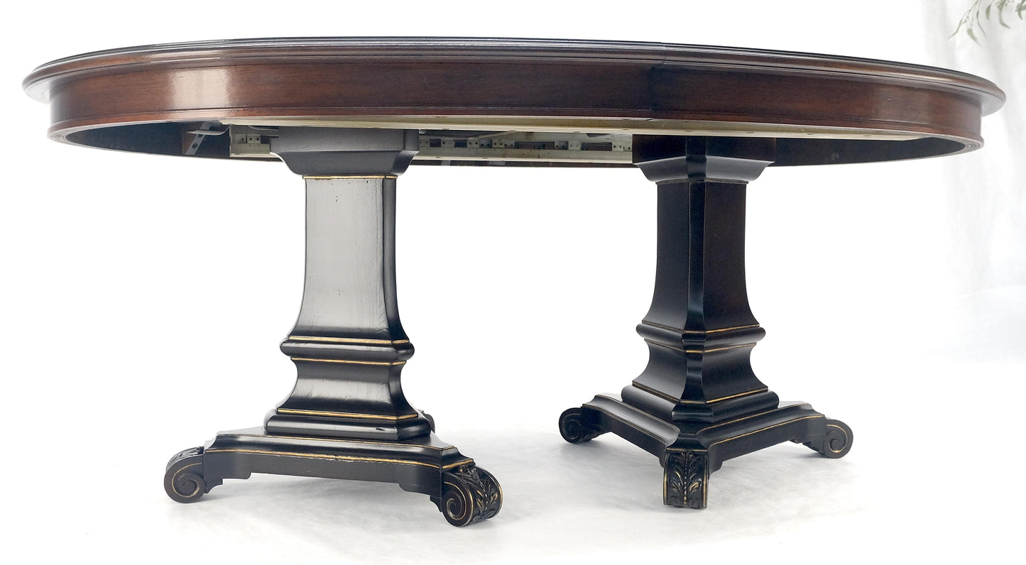 EstablishedLines Dark Flame Walnut Banded Double Tripod Pedestal Oval Dining Table 3 Leaves MINT!
