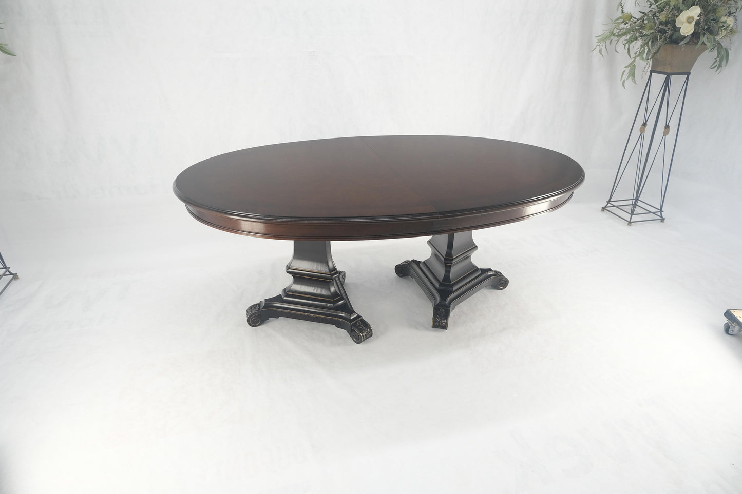 EstablishedLines Dark Flame Walnut Banded Double Tripod Pedestal Oval Dining Table 3 Leaves MINT!