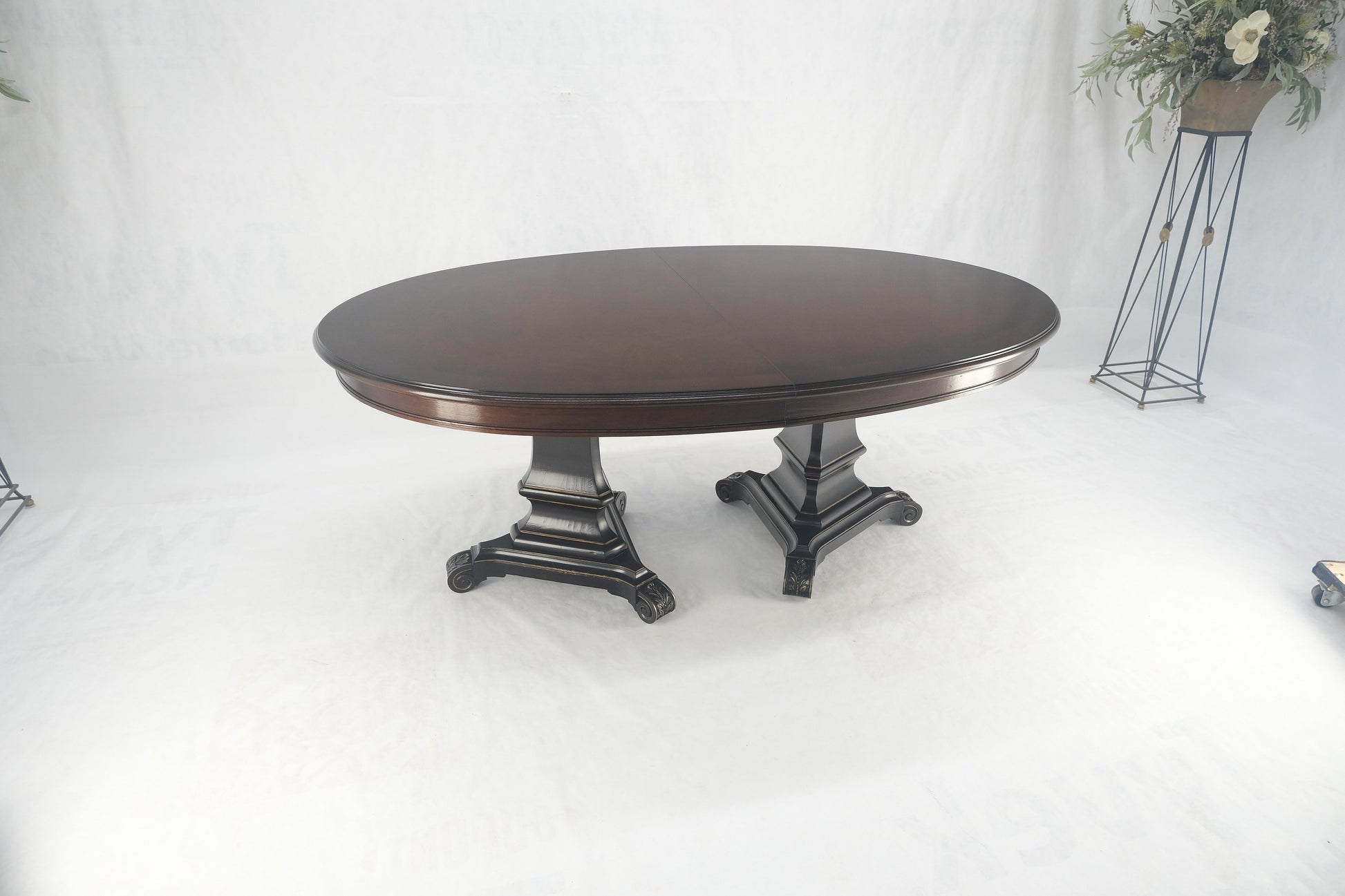 EstablishedLines Dark Flame Walnut Banded Double Tripod Pedestal Oval Dining Table 3 Leaves MINT!
