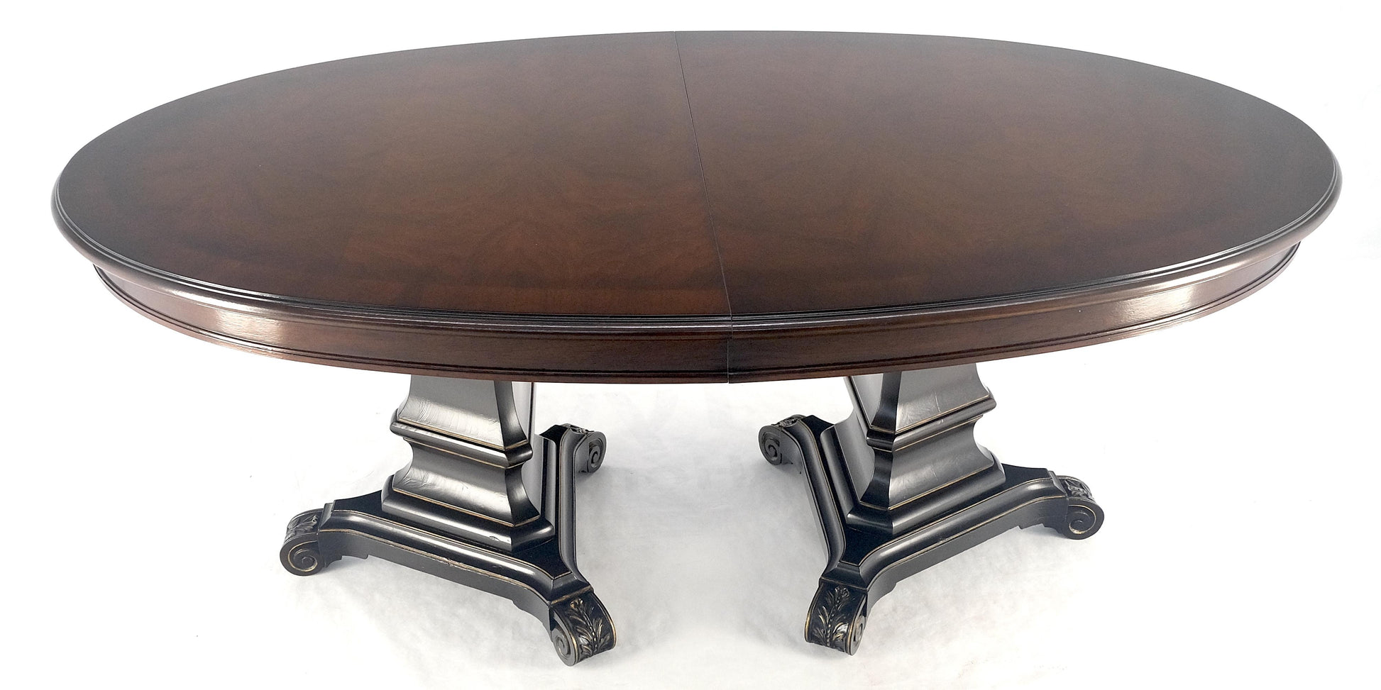 EstablishedLines Dark Flame Walnut Banded Double Tripod Pedestal Oval Dining Table 3 Leaves MINT!