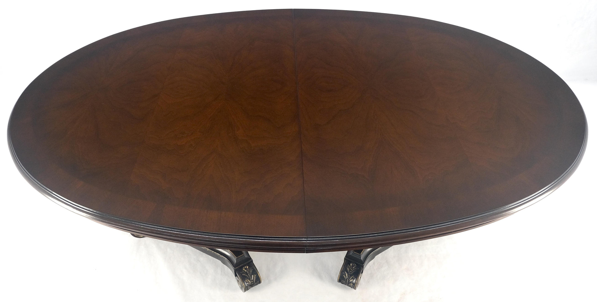 EstablishedLines Dark Flame Walnut Banded Double Tripod Pedestal Oval Dining Table 3 Leaves MINT!