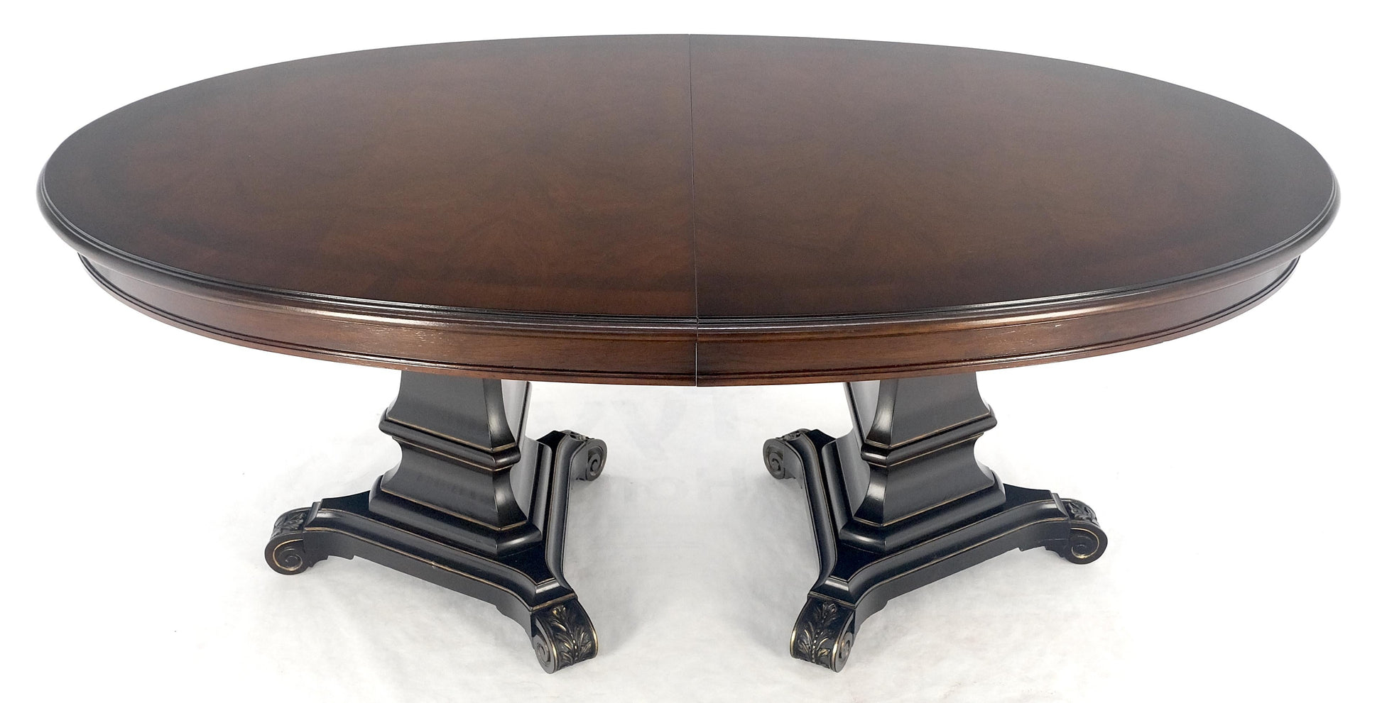 EstablishedLines Dark Flame Walnut Banded Double Tripod Pedestal Oval Dining Table 3 Leaves MINT!