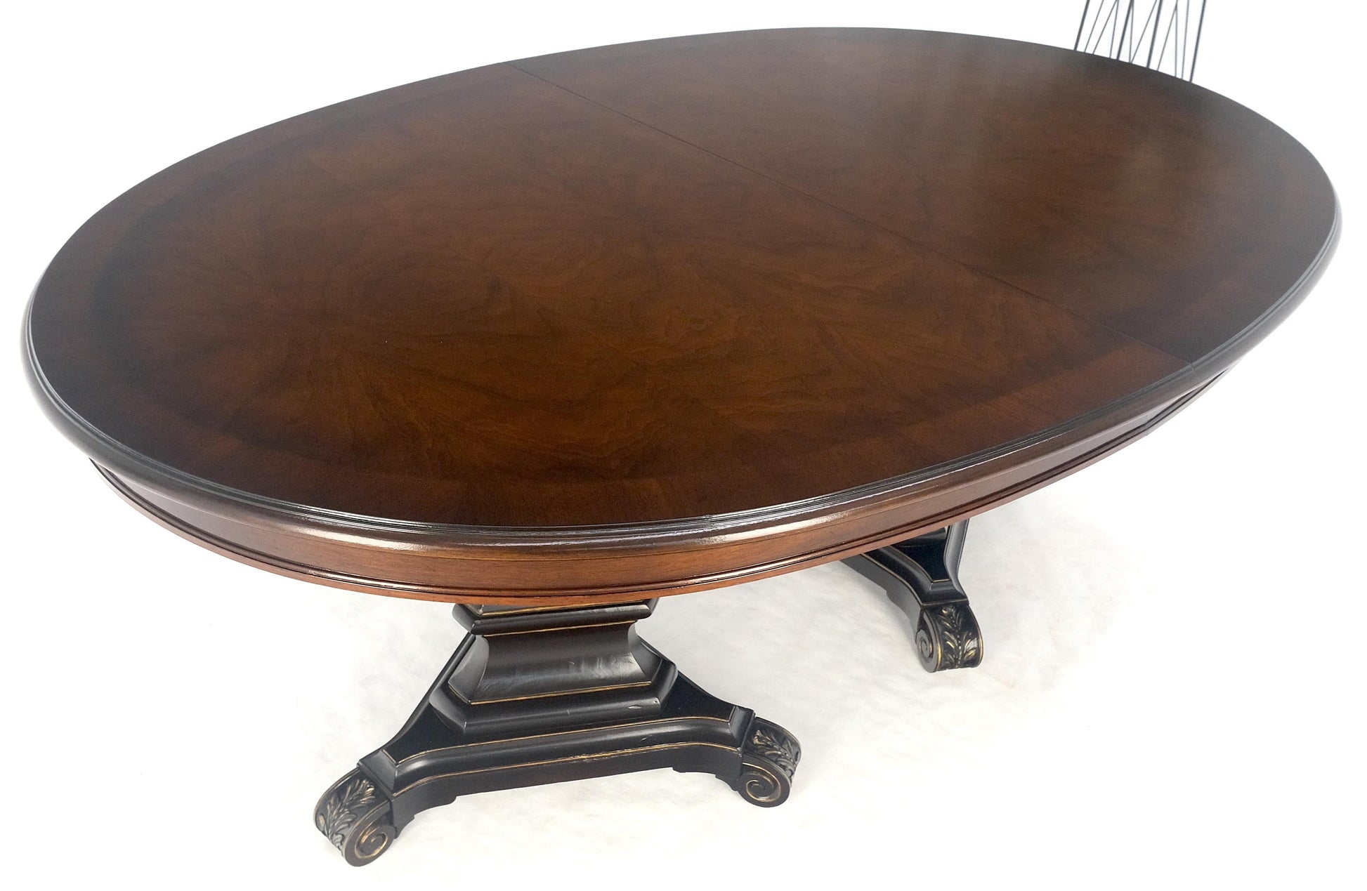 EstablishedLines Dark Flame Walnut Banded Double Tripod Pedestal Oval Dining Table 3 Leaves MINT!