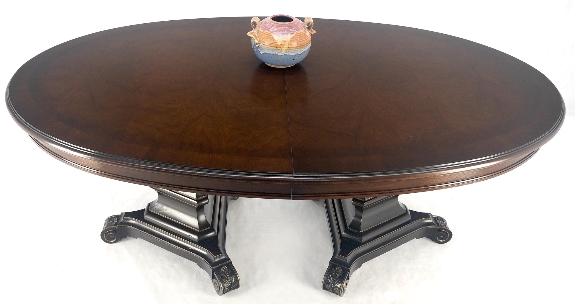 EstablishedLines Dark Flame Walnut Banded Double Tripod Pedestal Oval Dining Table 3 Leaves MINT!