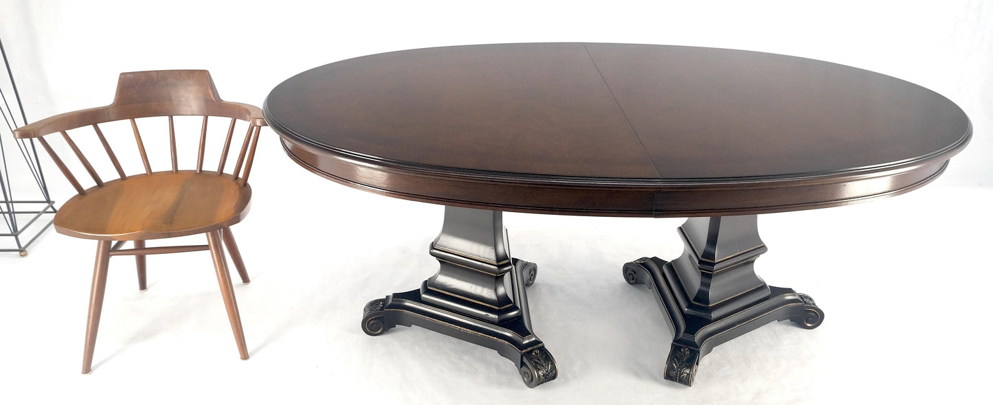 EstablishedLines Dark Flame Walnut Banded Double Tripod Pedestal Oval Dining Table 3 Leaves MINT!