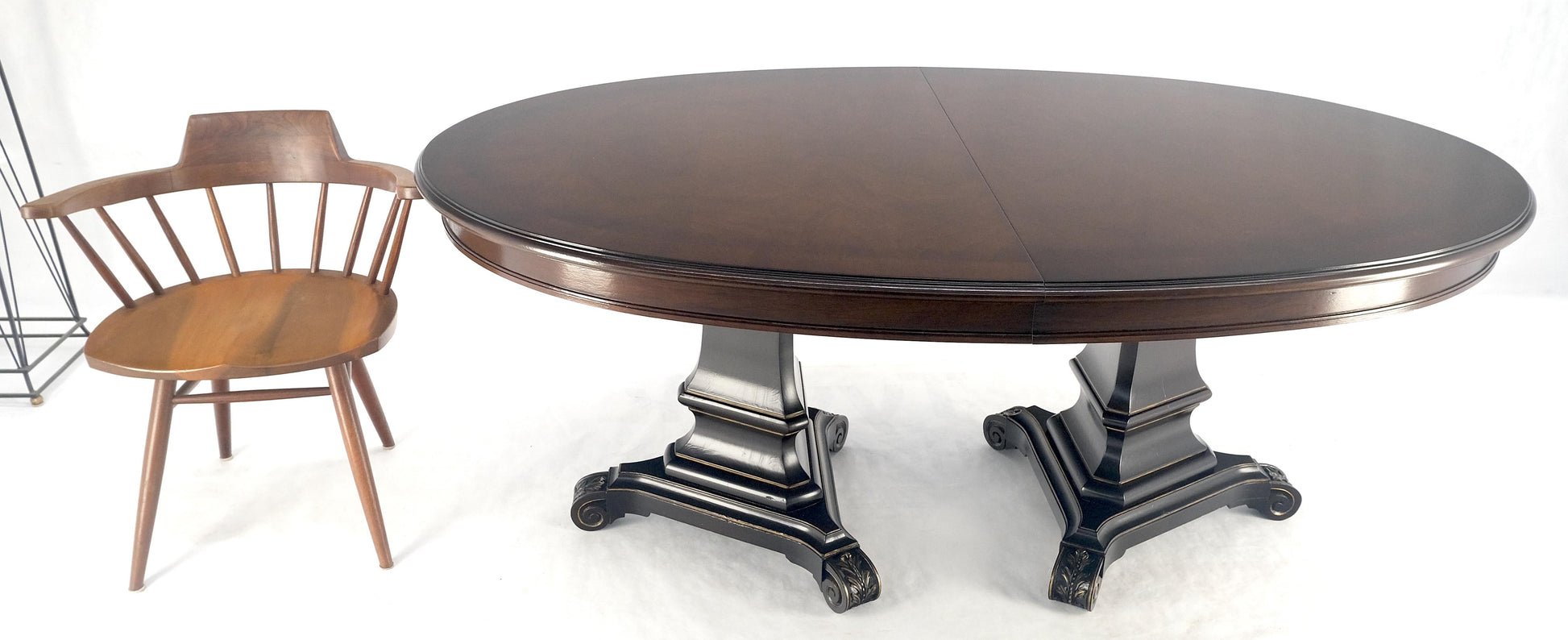 EstablishedLines Dark Flame Walnut Banded Double Tripod Pedestal Oval Dining Table 3 Leaves MINT!