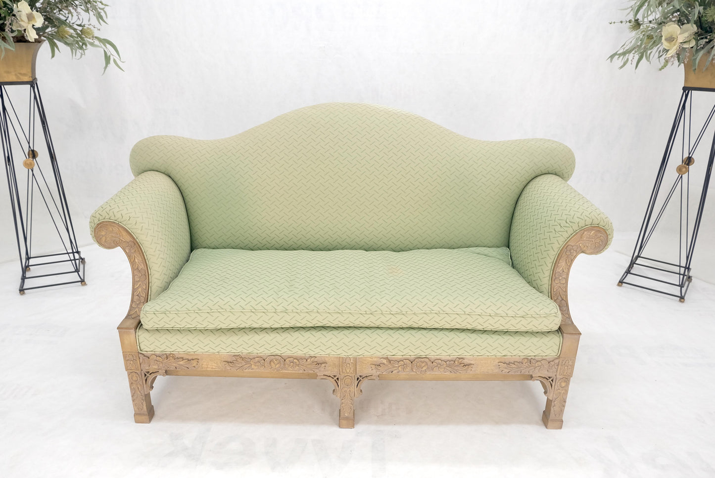 EstablishedLines Very Fine Carved Bleached Mahogany Camel Back Compact Sofa Stretcher Base 1960s