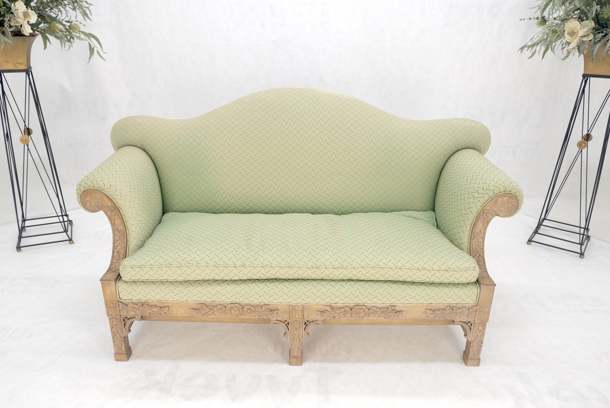 EstablishedLines Very Fine Carved Bleached Mahogany Camel Back Compact Sofa Stretcher Base 1960s