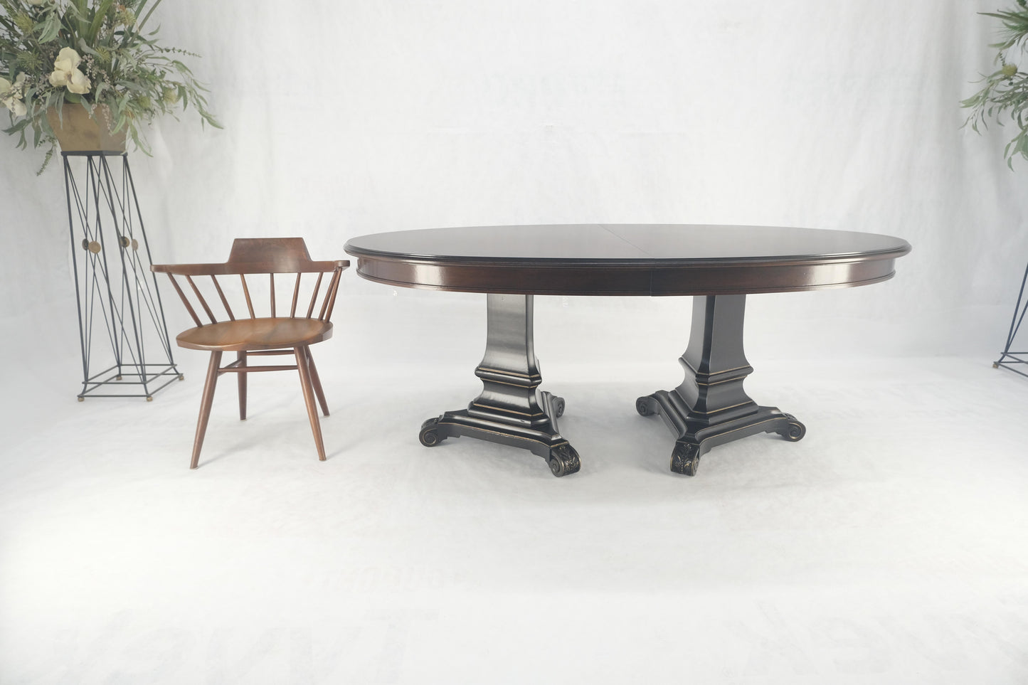 EstablishedLines Dark Flame Walnut Banded Double Tripod Pedestal Oval Dining Table 3 Leaves MINT!