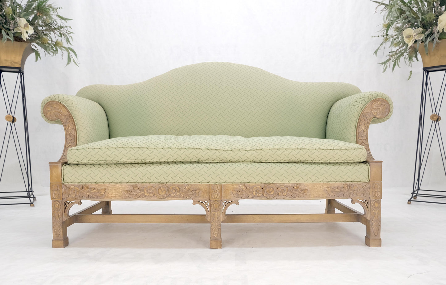EstablishedLines Very Fine Carved Bleached Mahogany Camel Back Compact Sofa Stretcher Base 1960s