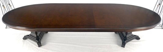 Dark Flame Walnut Banded Double Tripod Pedestal Oval Dining Table 3 Leaves MINT!
