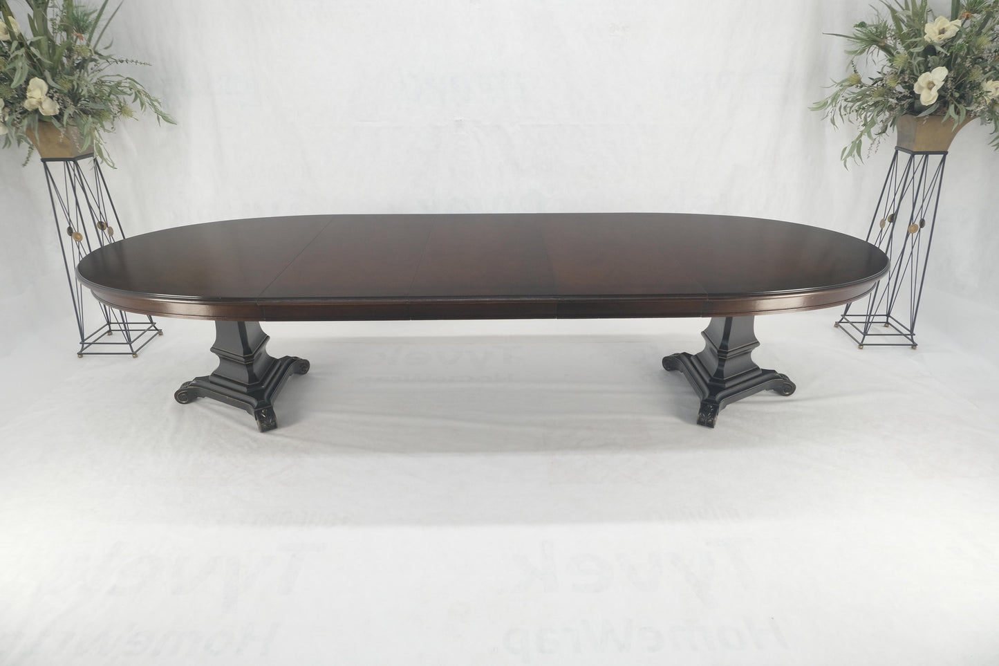 EstablishedLines Dark Flame Walnut Banded Double Tripod Pedestal Oval Dining Table 3 Leaves MINT!