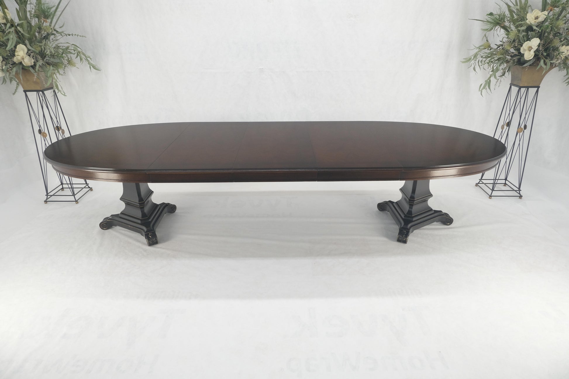 EstablishedLines Dark Flame Walnut Banded Double Tripod Pedestal Oval Dining Table 3 Leaves MINT!