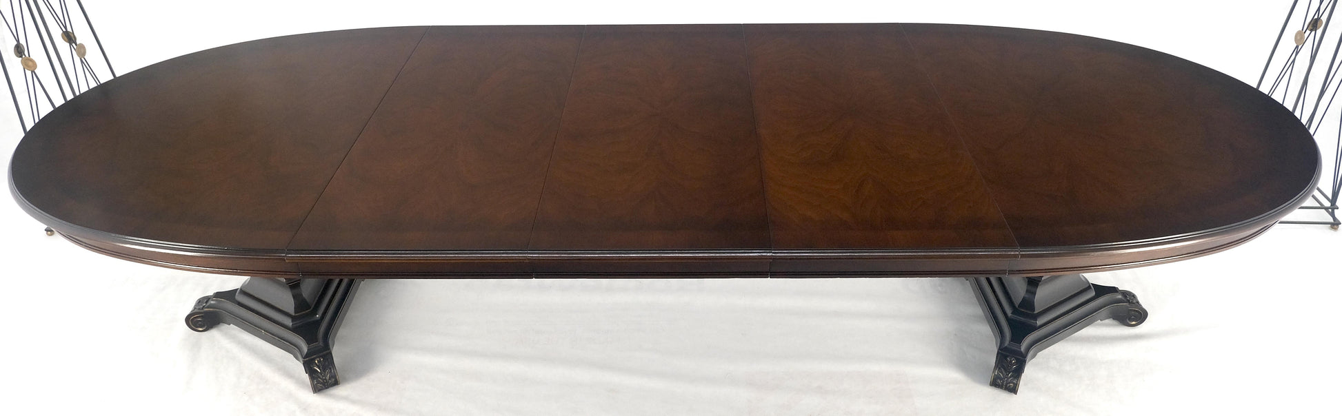 EstablishedLines Dark Flame Walnut Banded Double Tripod Pedestal Oval Dining Table 3 Leaves MINT!
