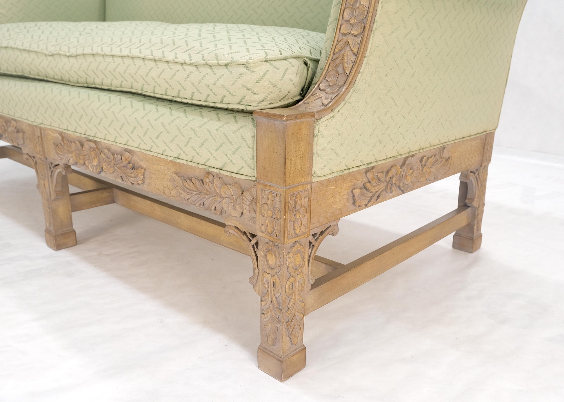 EstablishedLines Very Fine Carved Bleached Mahogany Camel Back Compact Sofa Stretcher Base 1960s