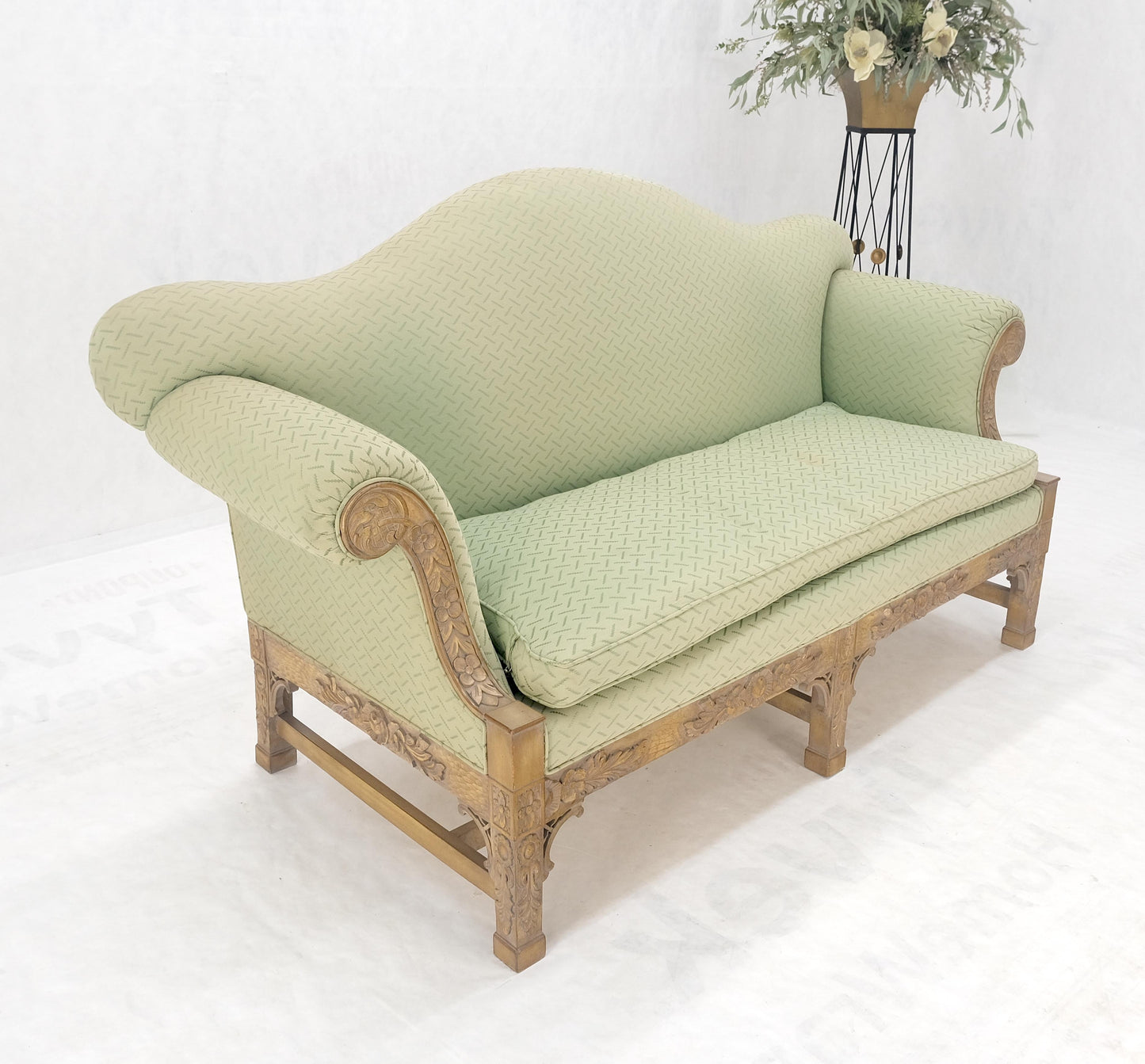 EstablishedLines Very Fine Carved Bleached Mahogany Camel Back Compact Sofa Stretcher Base 1960s