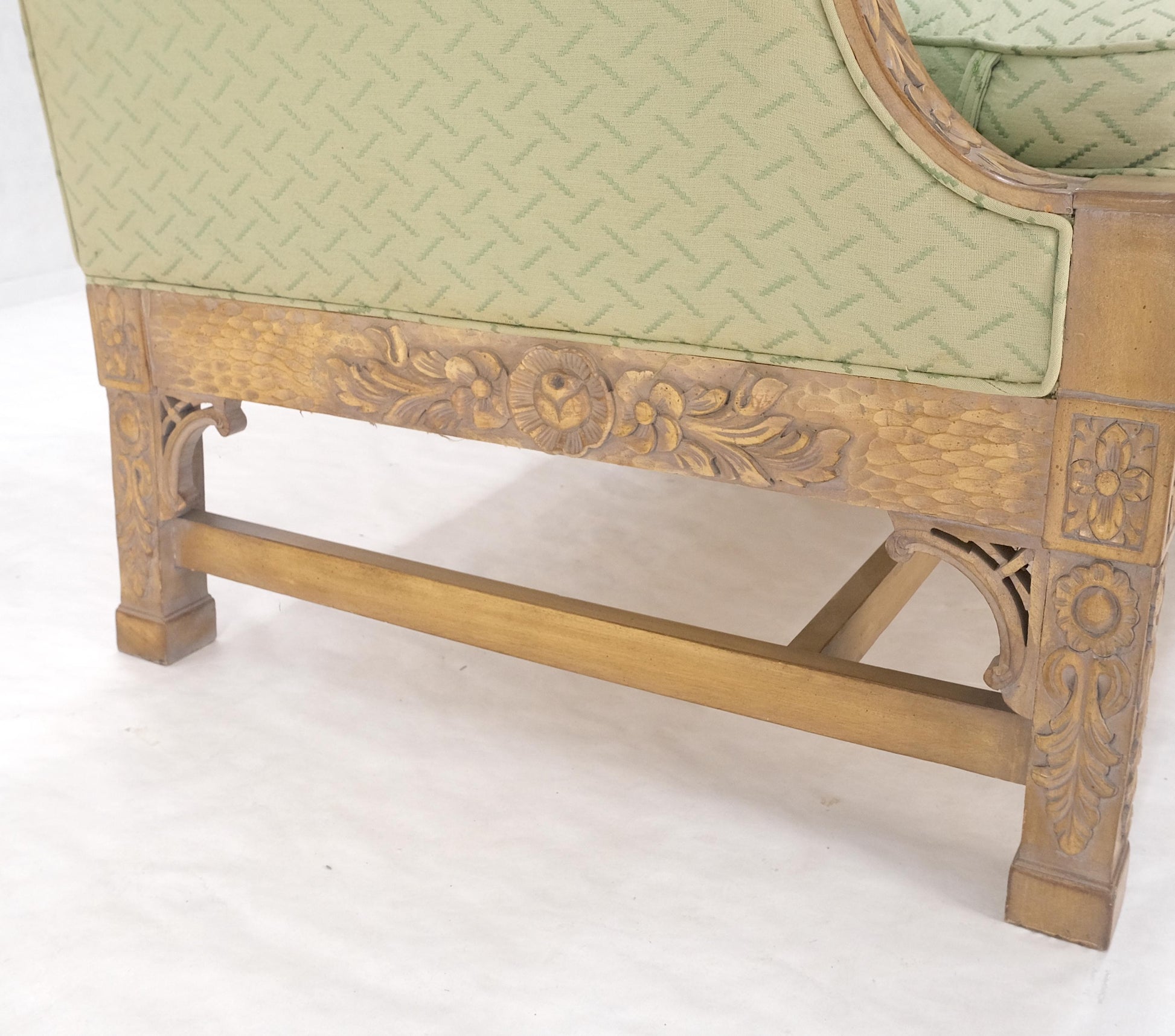 EstablishedLines Very Fine Carved Bleached Mahogany Camel Back Compact Sofa Stretcher Base 1960s