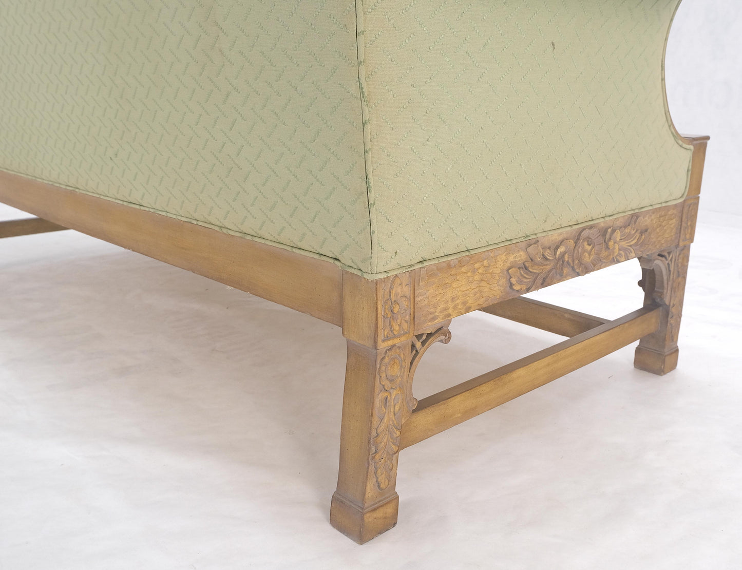 EstablishedLines Very Fine Carved Bleached Mahogany Camel Back Compact Sofa Stretcher Base 1960s