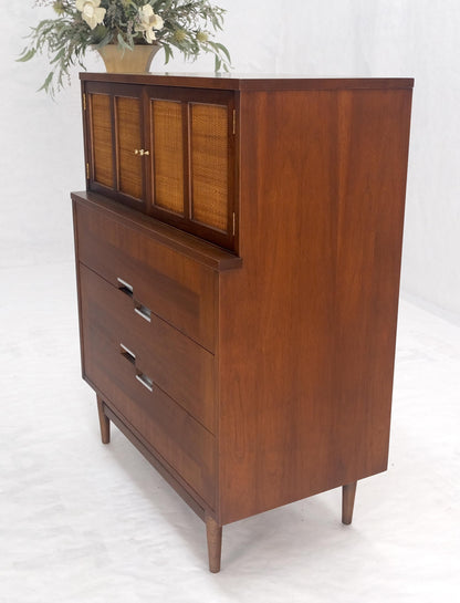 Cane Double Door Compartment 5 Drawer High Gentleman  Chest Dresser Walnut MINT!