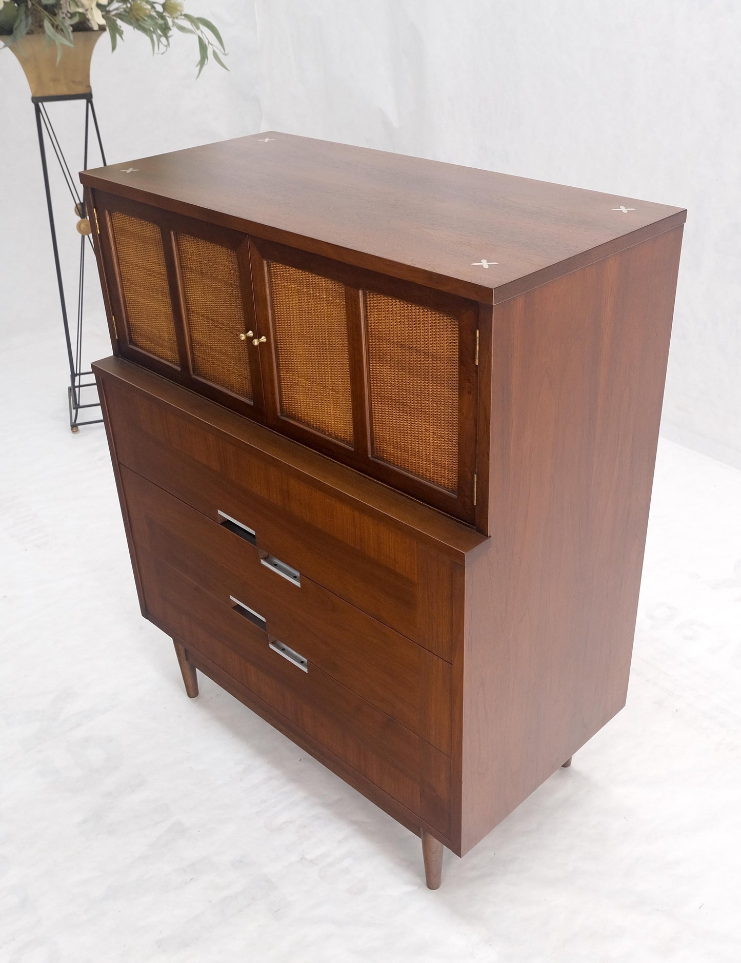 Cane Double Door Compartment 5 Drawer High Gentleman  Chest Dresser Walnut MINT!