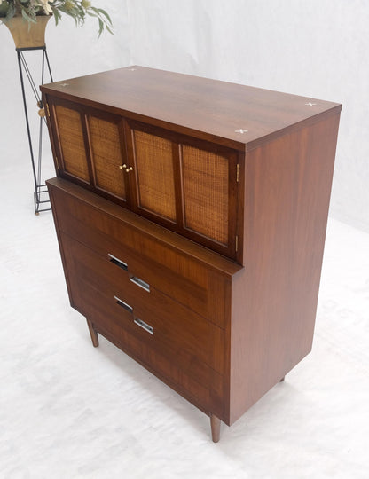 Cane Double Door Compartment 5 Drawer High Gentleman  Chest Dresser Walnut MINT!