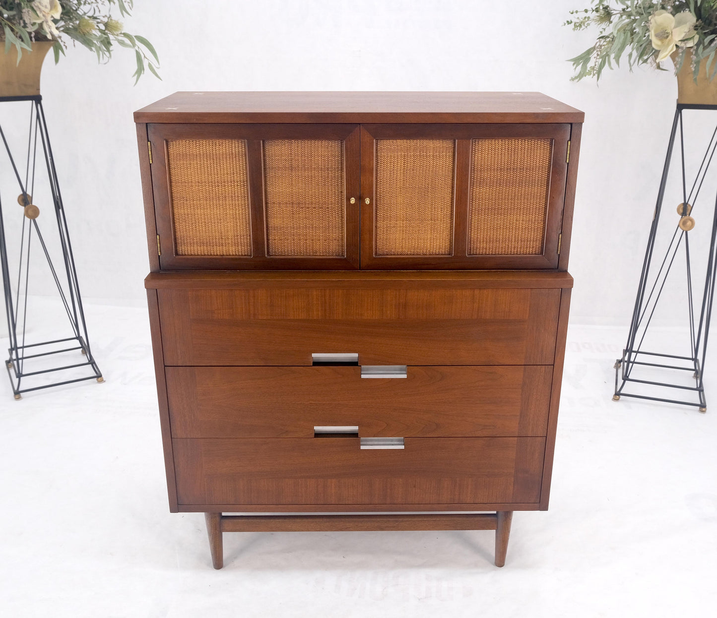 Cane Double Door Compartment 5 Drawer High Gentleman  Chest Dresser Walnut MINT!