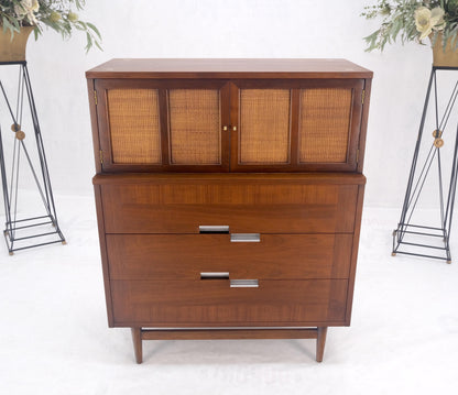Cane Double Door Compartment 5 Drawer High Gentleman  Chest Dresser Walnut MINT!