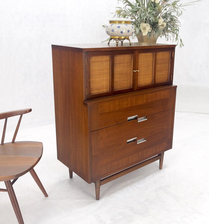 Cane Double Door Compartment 5 Drawer High Gentleman  Chest Dresser Walnut MINT!