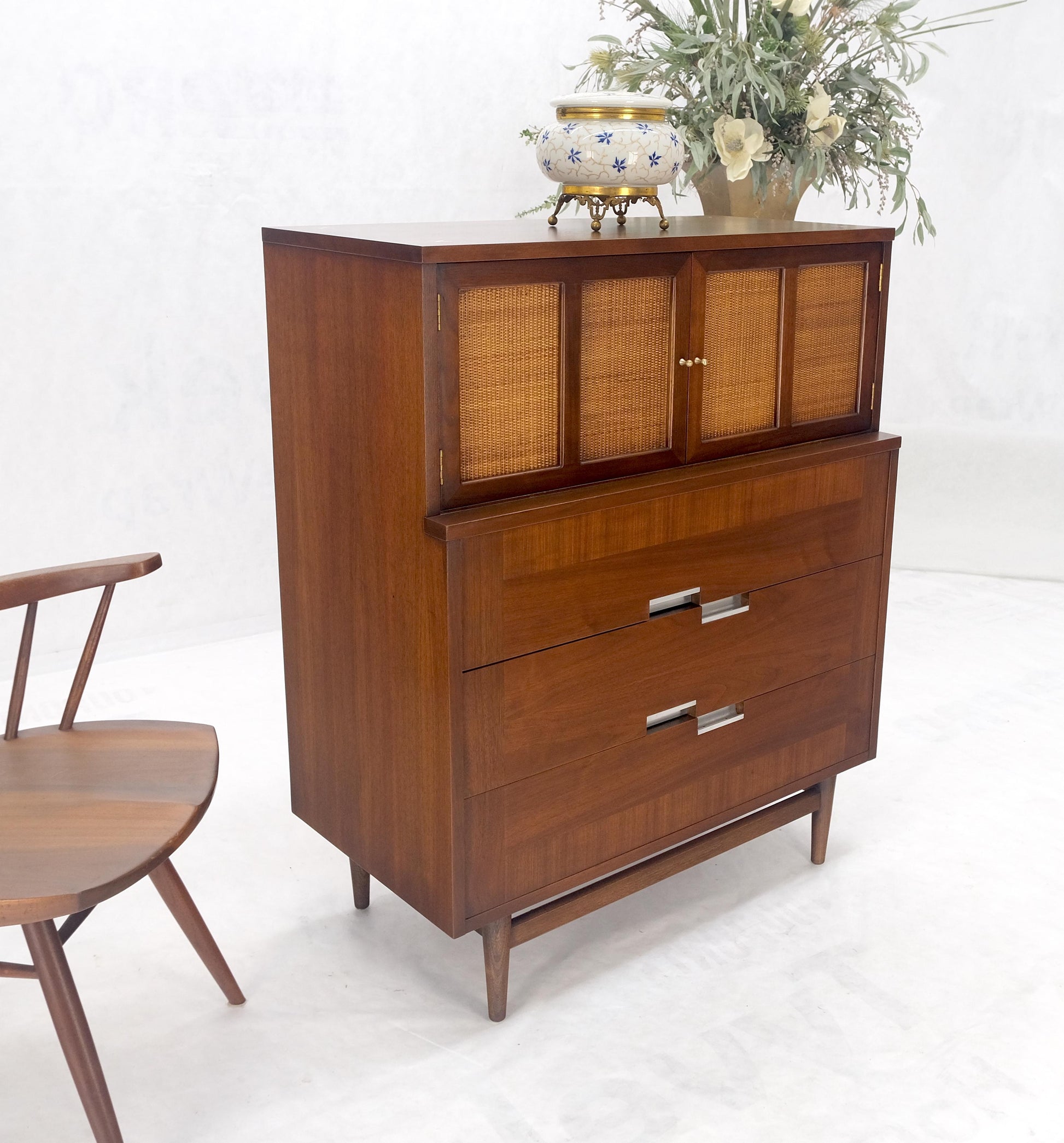 EstablishedLines Cane Double Door Compartment 5 Drawer High Gentleman  Chest Dresser Walnut MINT!
