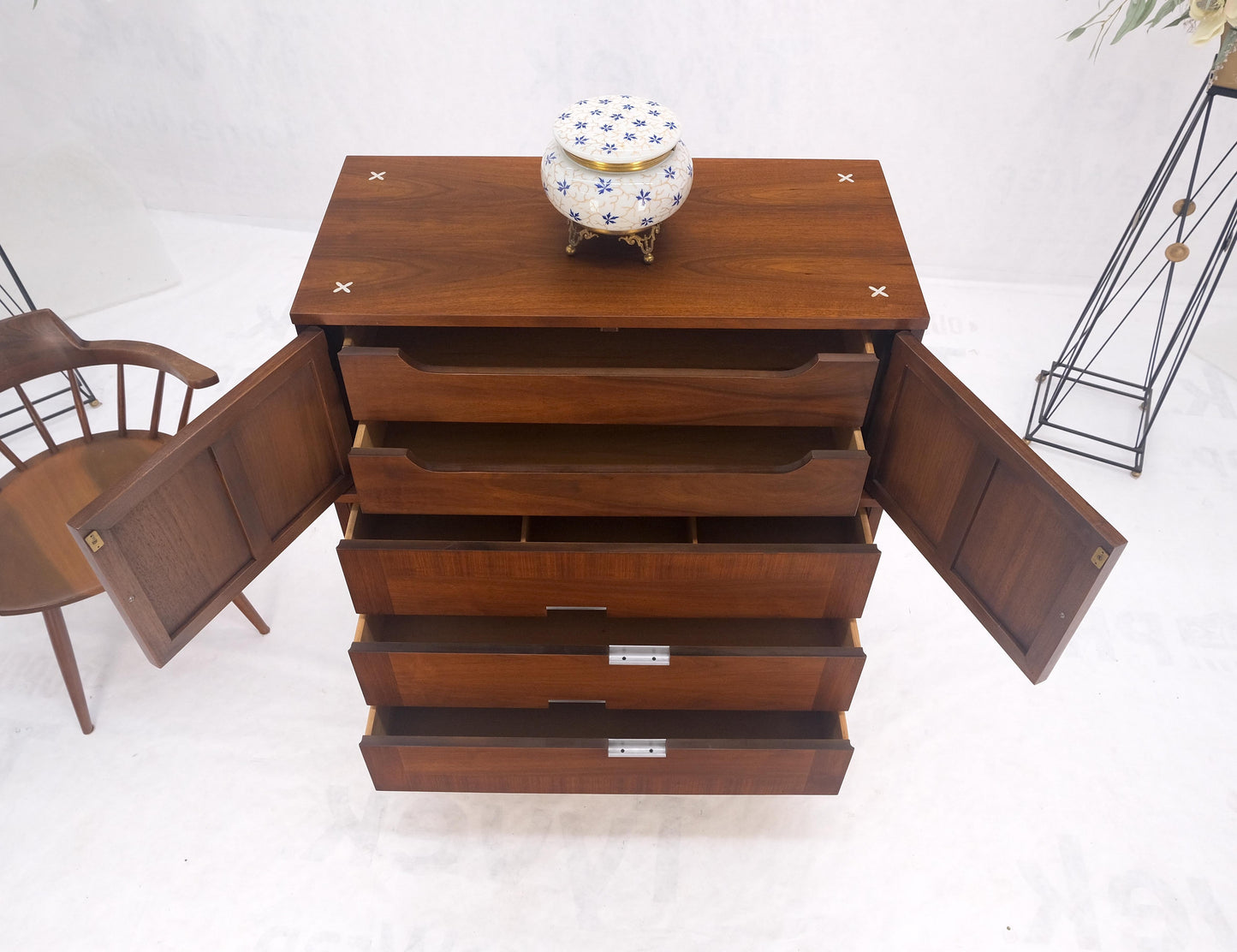 Cane Double Door Compartment 5 Drawer High Gentleman  Chest Dresser Walnut MINT!