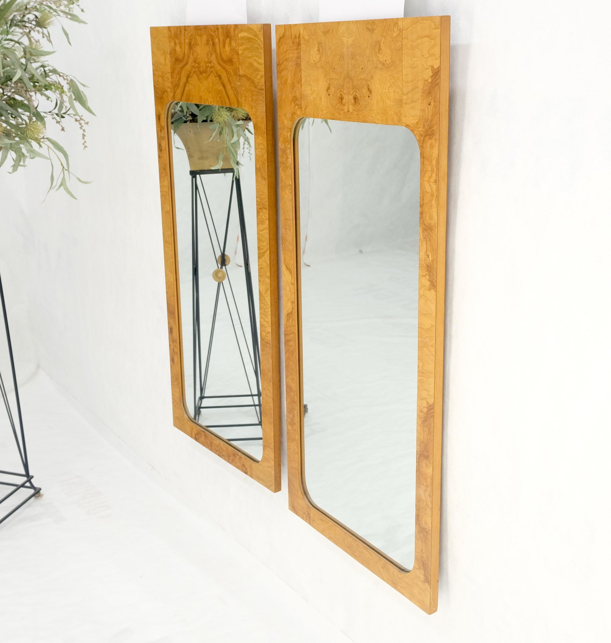 EstablishedLines Pair Burl Walnut Mid Century Modern Milo Baughman Rectangle Wall Mirrors MINT!