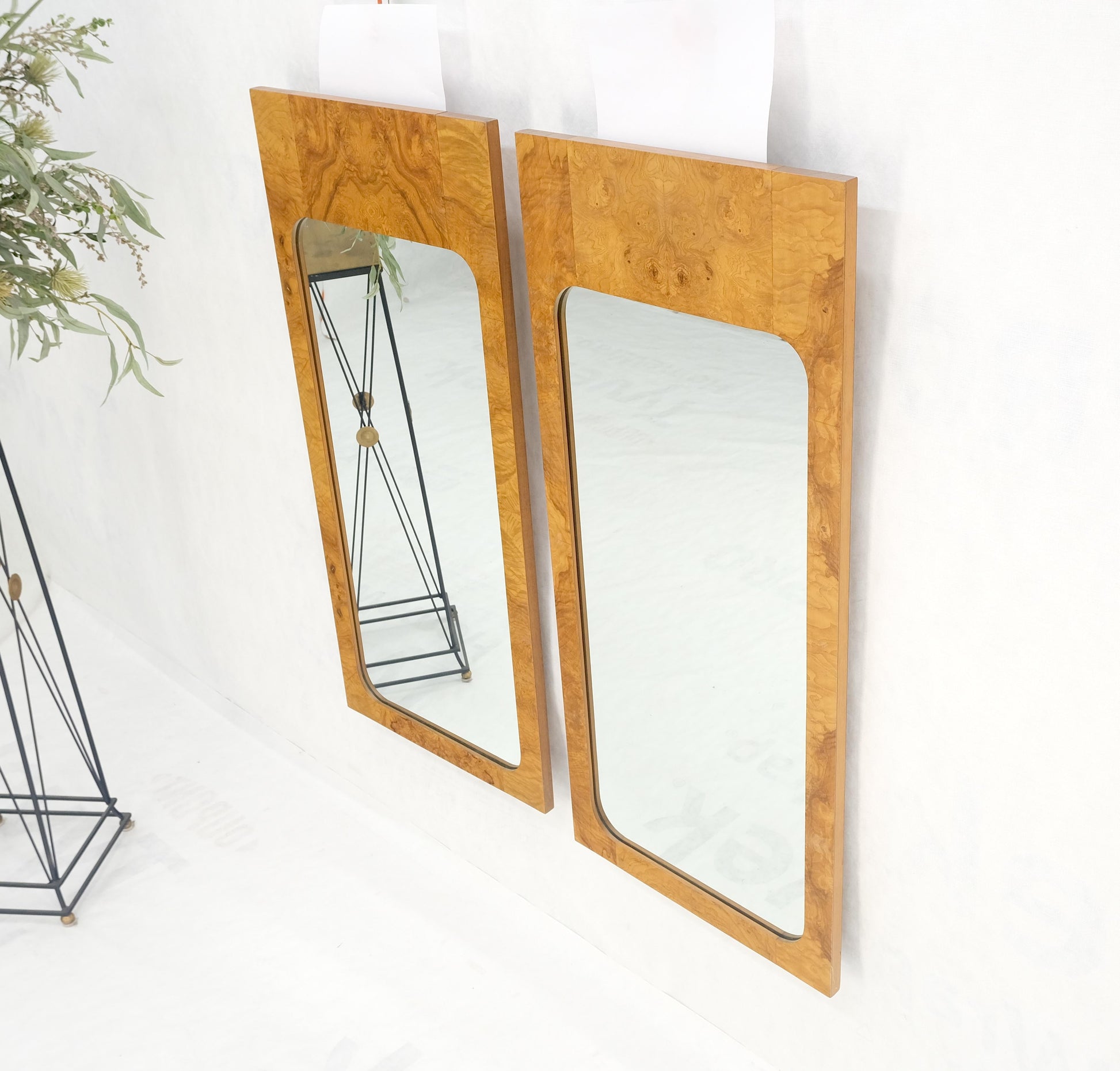EstablishedLines Pair Burl Walnut Mid Century Modern Milo Baughman Rectangle Wall Mirrors MINT!