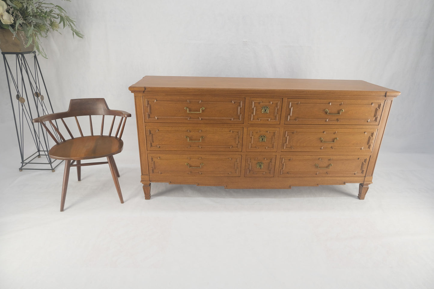 Very Fine 9 Drawers Brass Pulls Carved Walnut 72" Long Dresser Credenza MINT!