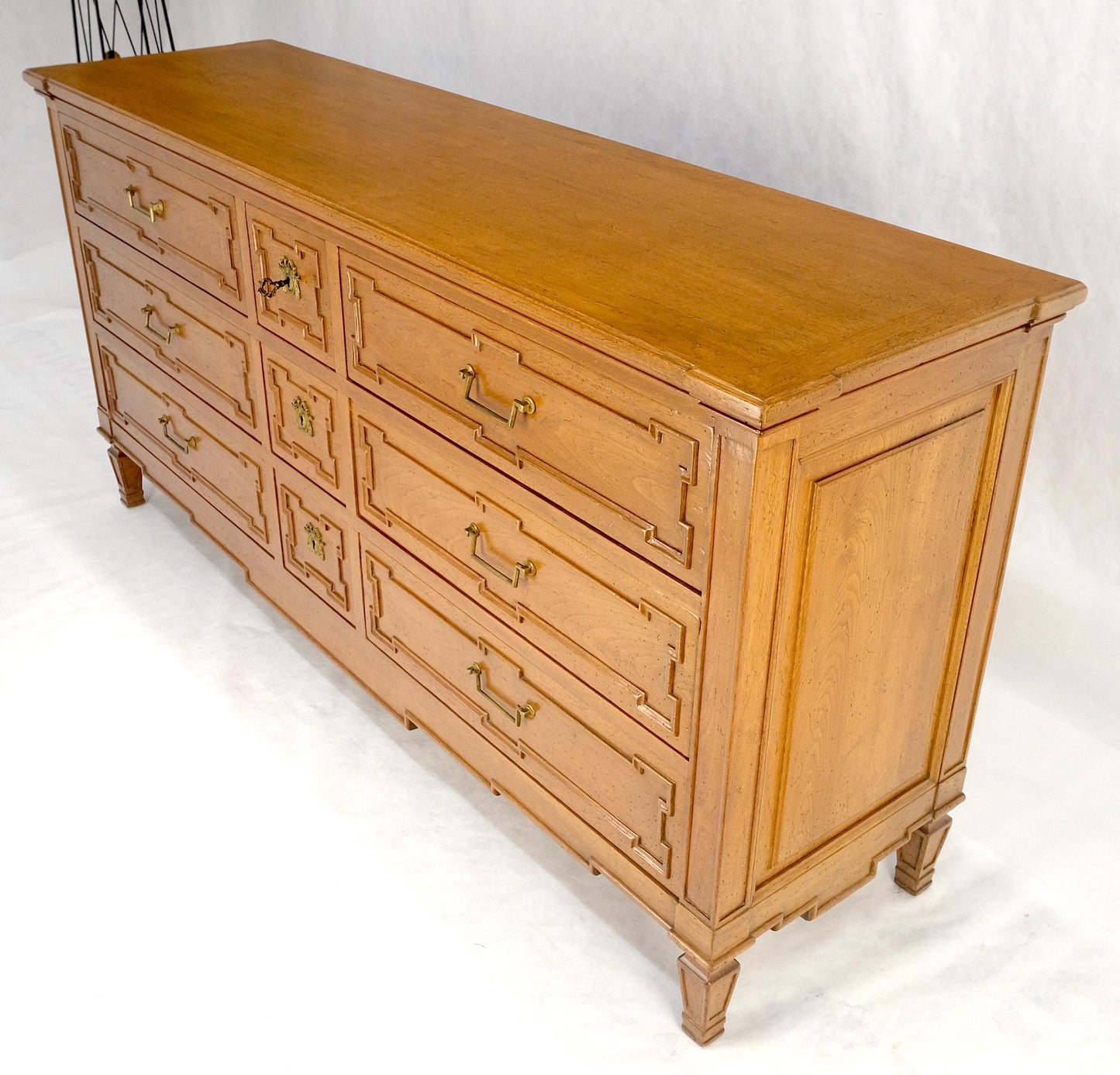 Very Fine 9 Drawers Brass Pulls Carved Walnut 72" Long Dresser Credenza MINT!