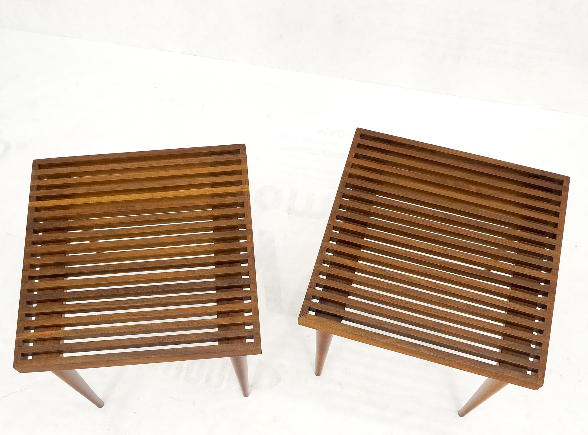 EstablishedLines Pair Square  Mel Smilow Slatted Solid Walnut  Modern Benches Side Tables MINT!