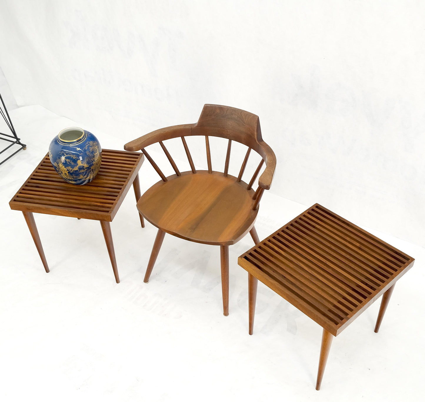 EstablishedLines Pair Square  Mel Smilow Slatted Solid Walnut  Modern Benches Side Tables MINT!
