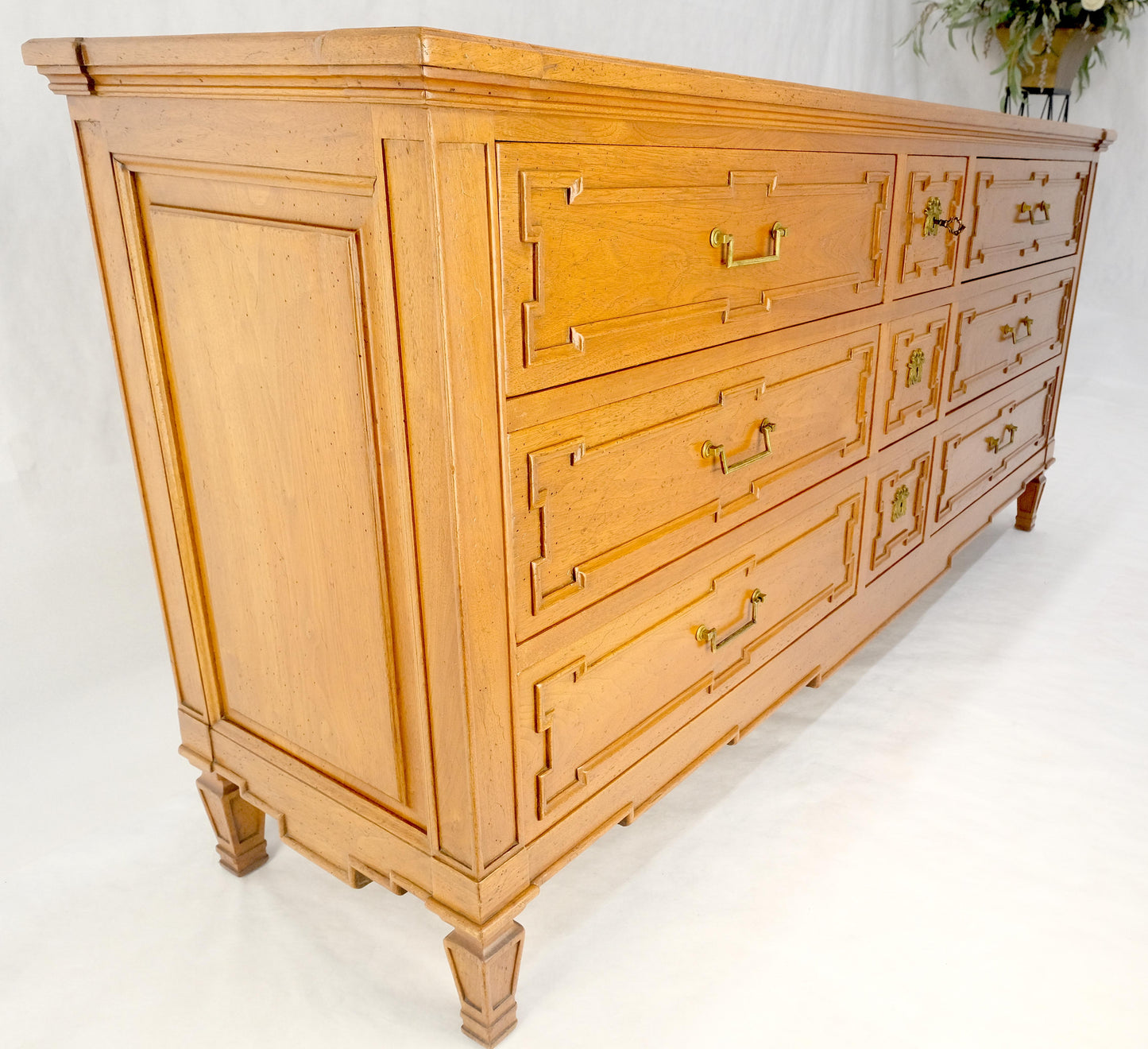 Very Fine 9 Drawers Brass Pulls Carved Walnut 72" Long Dresser Credenza MINT!