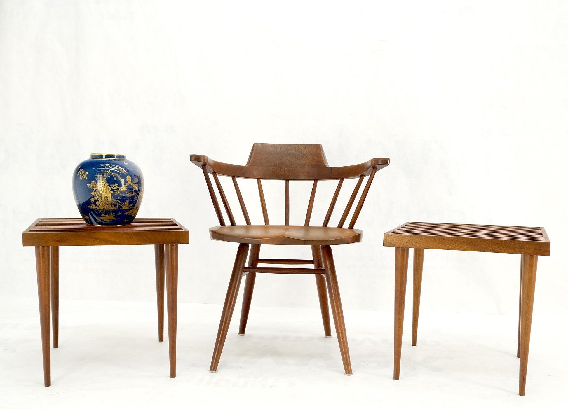EstablishedLines Pair Square  Mel Smilow Slatted Solid Walnut  Modern Benches Side Tables MINT!