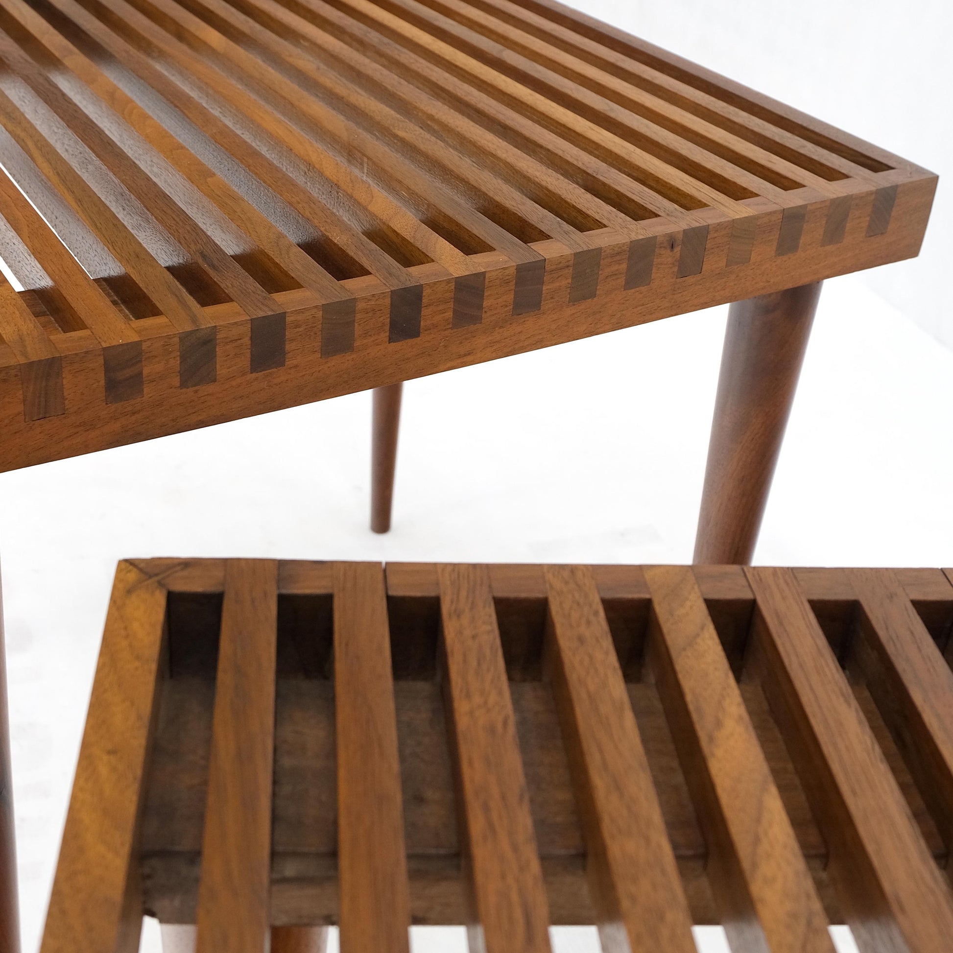 EstablishedLines Pair Square  Mel Smilow Slatted Solid Walnut  Modern Benches Side Tables MINT!
