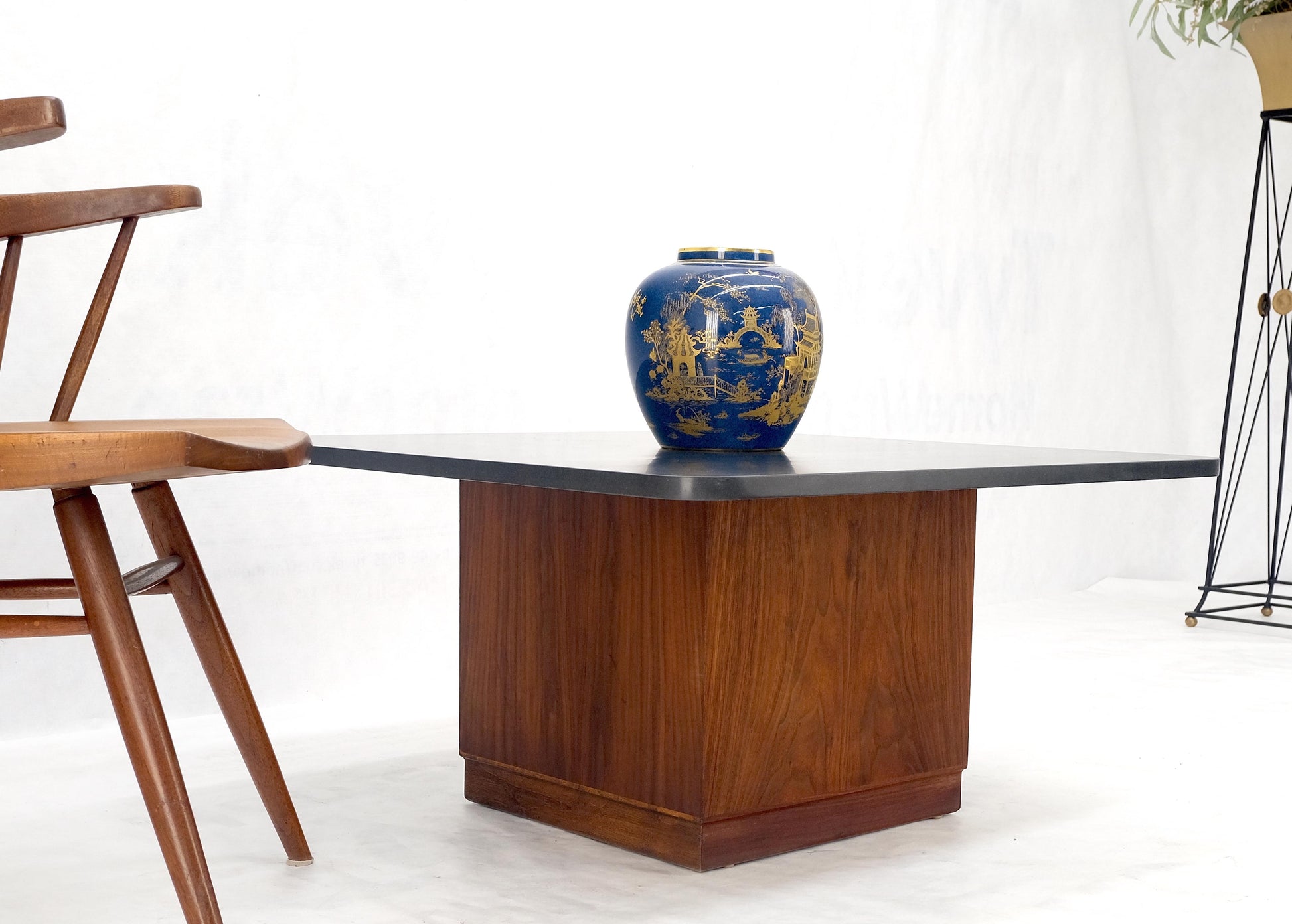 EstablishedLines Cube Shape Oiled Walnut Pedestal Base Square Slate Too Coffee Center Table MINT!