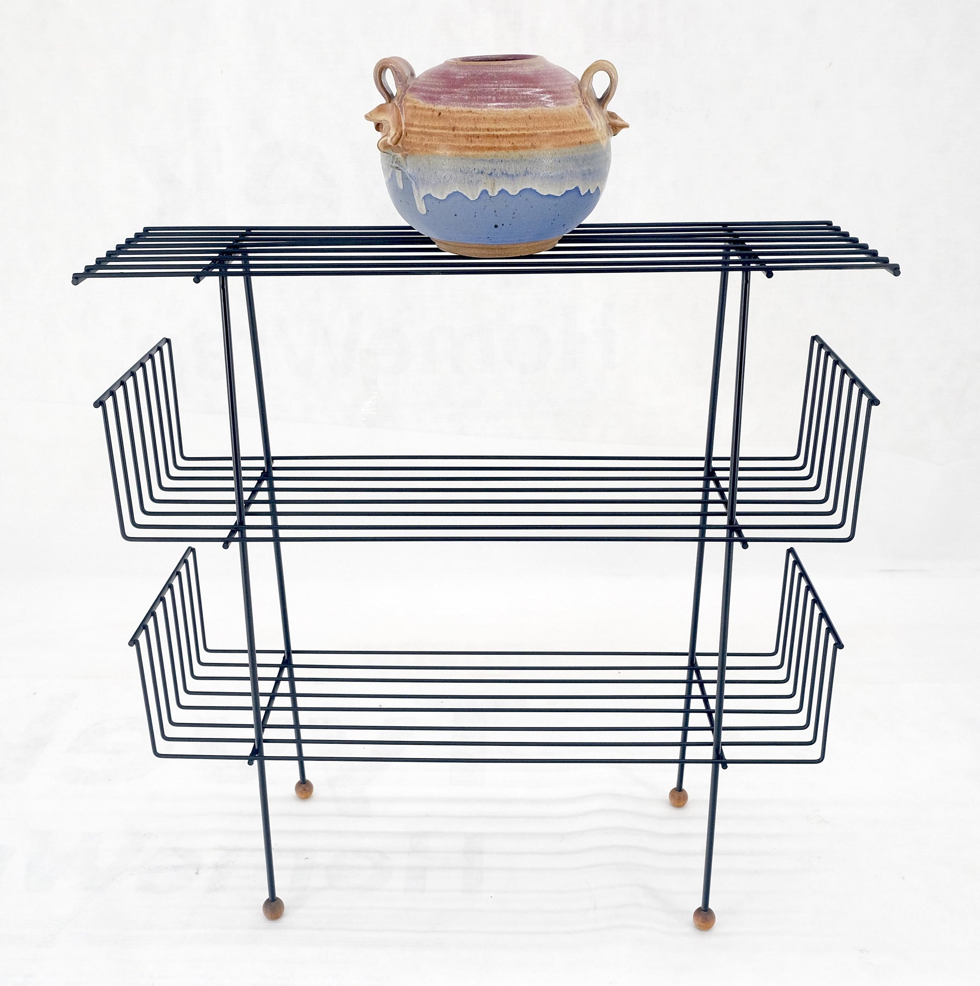 EstablishedLines Tony Paul Style Vintage c1970s Bent Wire Magazine Rack Shelf Wood Ball Feet MINT