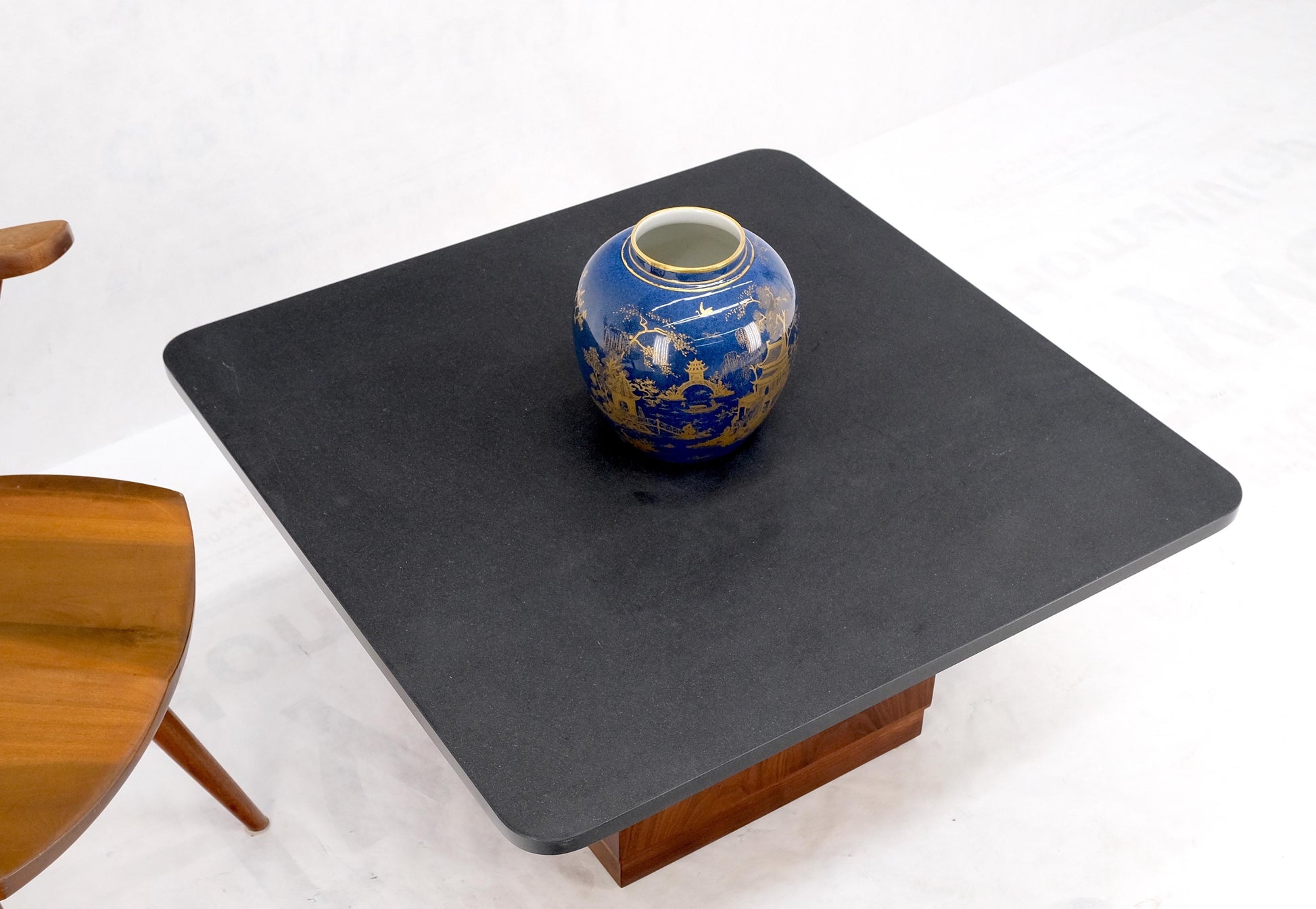 EstablishedLines Cube Shape Oiled Walnut Pedestal Base Square Slate Too Coffee Center Table MINT!