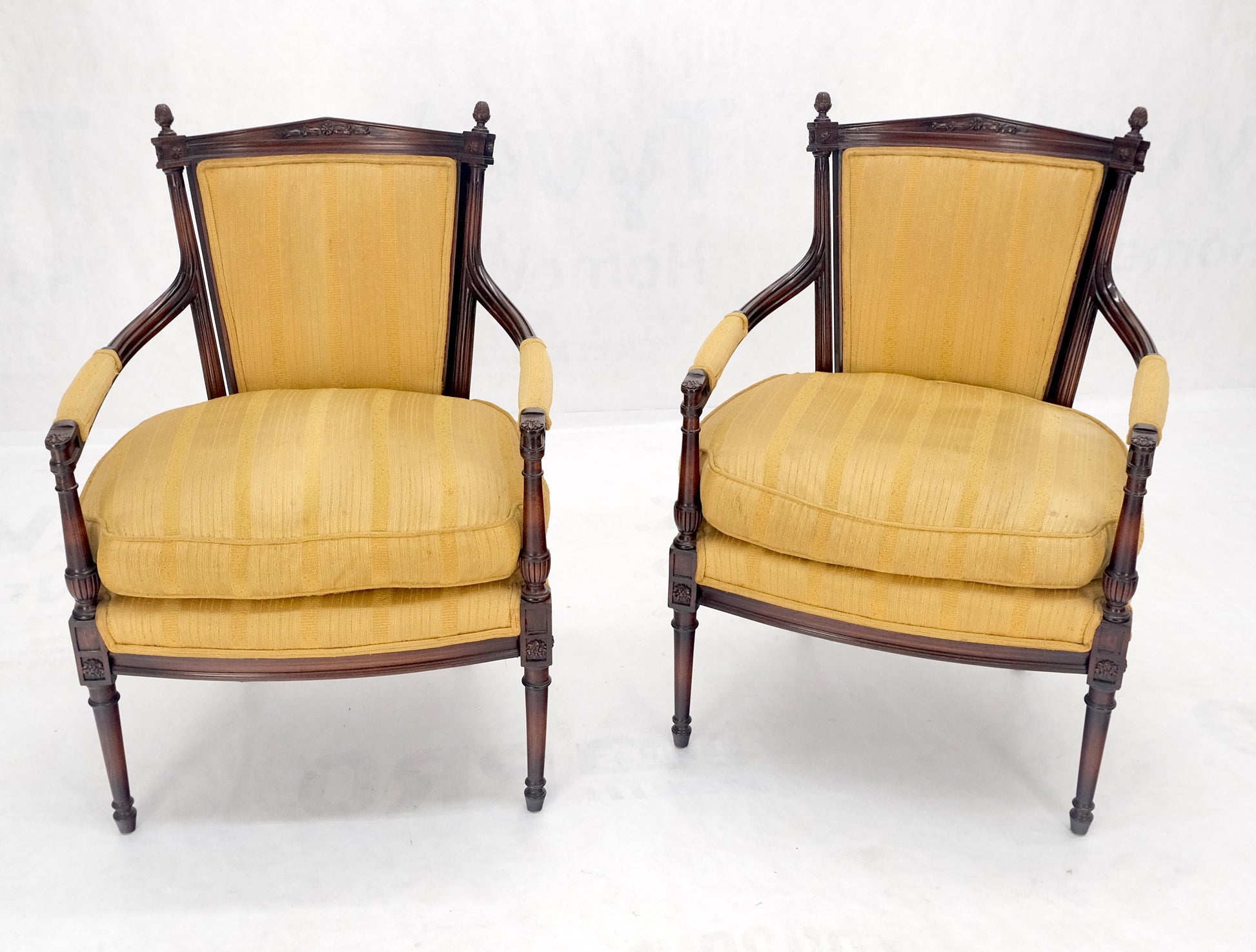 EstablishedLines Pair Gold Silk Upholstery Fine Carved Acorn Finials Lounge Fireside Chairs MINT!