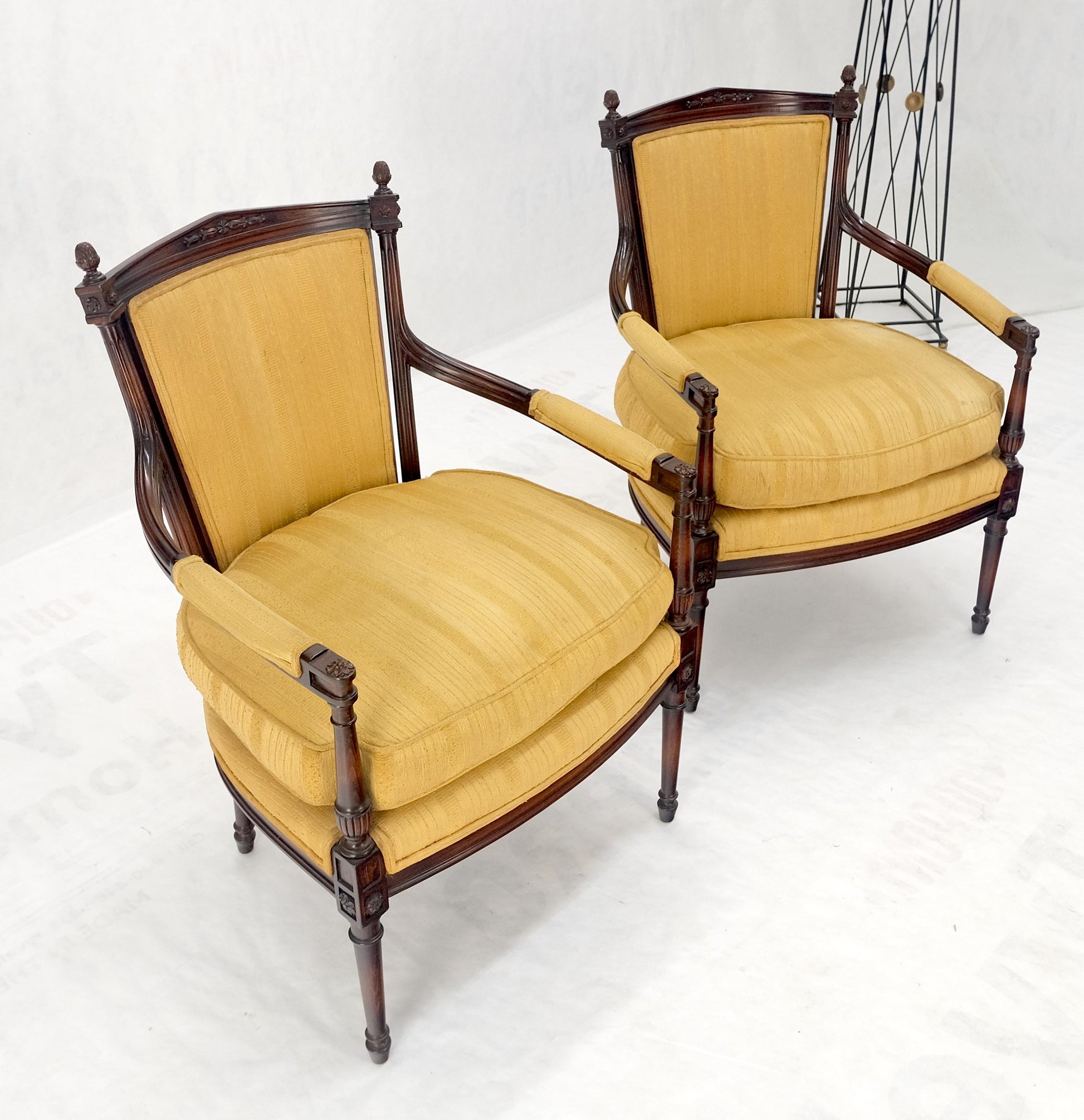 EstablishedLines Pair Gold Silk Upholstery Fine Carved Acorn Finials Lounge Fireside Chairs MINT!