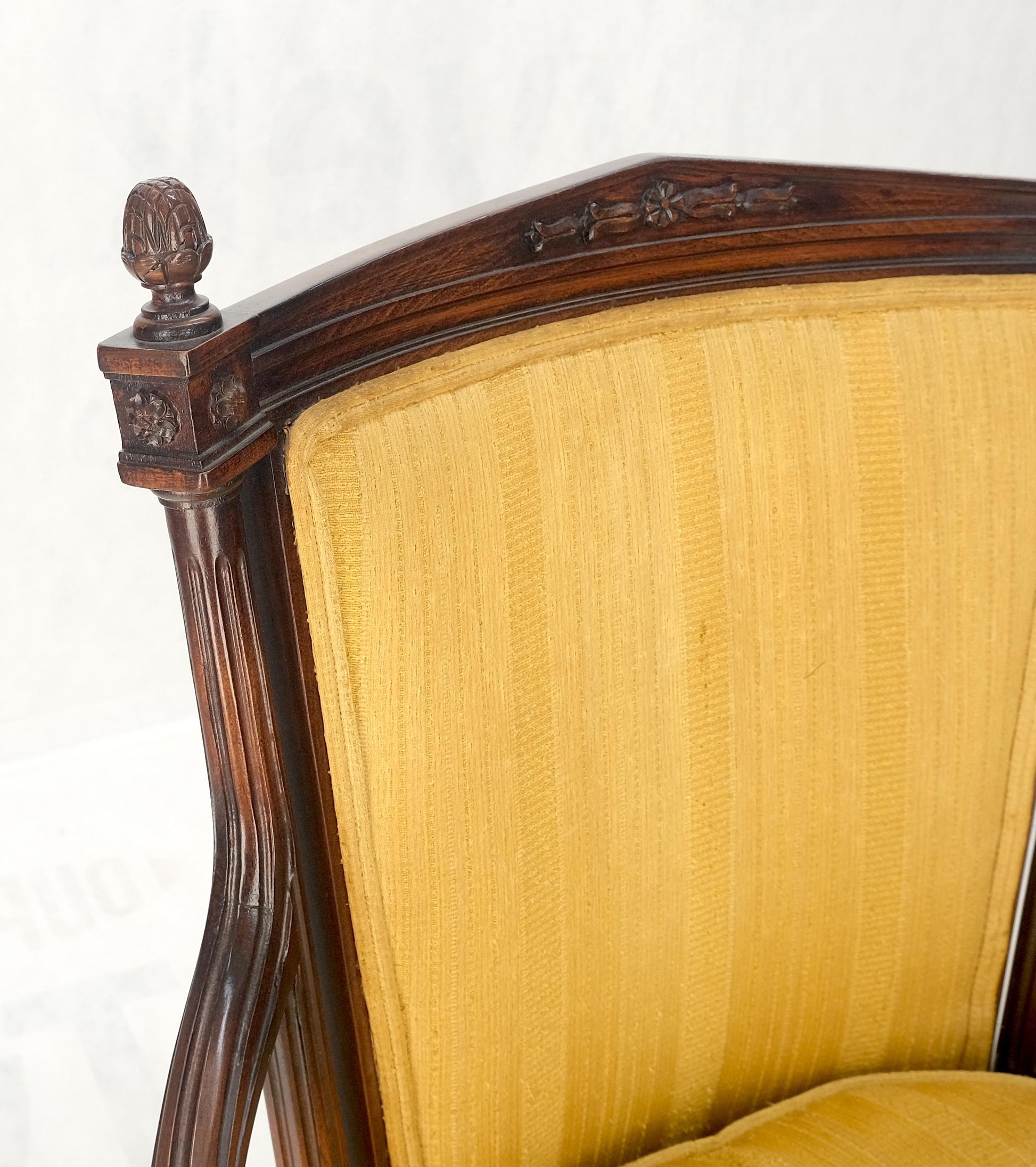EstablishedLines Pair Gold Silk Upholstery Fine Carved Acorn Finials Lounge Fireside Chairs MINT!