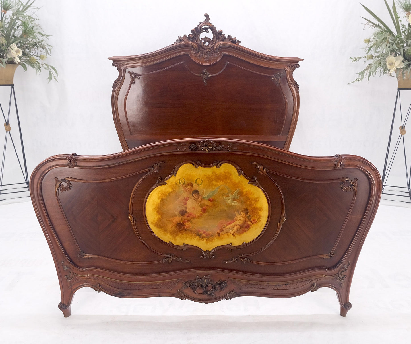 EstablishedLines Hand Paint Decorated Plaque Carved Walnut Queen Size French Bed Headboard Rails