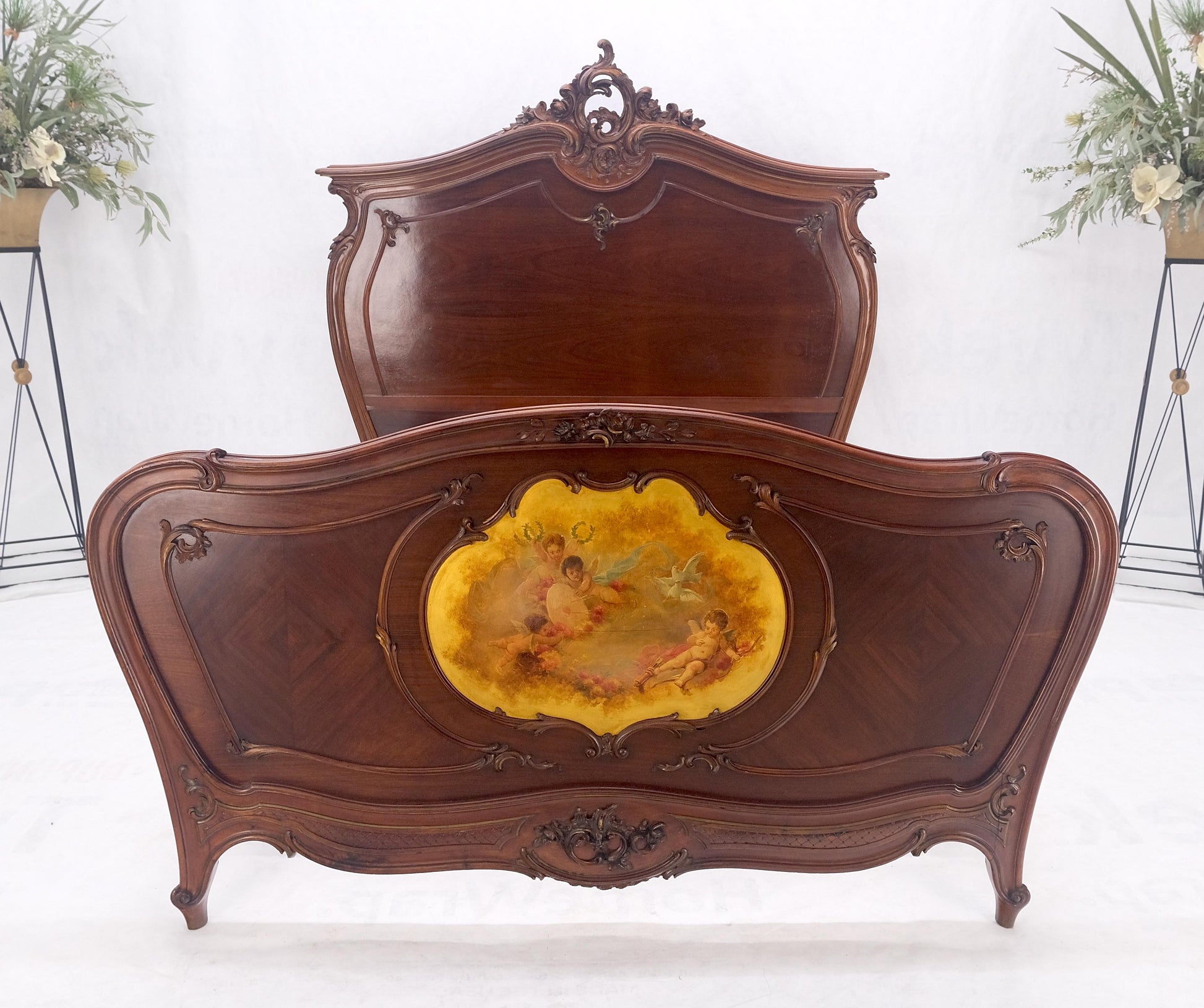 EstablishedLines Hand Paint Decorated Plaque Carved Walnut Queen Size French Bed Headboard Rails
