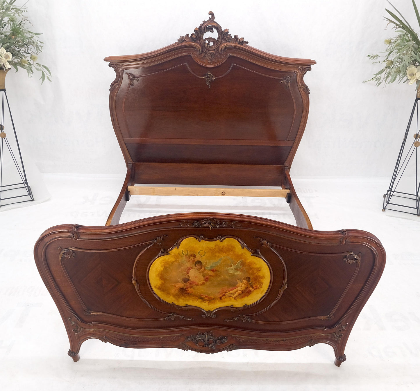 EstablishedLines Hand Paint Decorated Plaque Carved Walnut Queen Size French Bed Headboard Rails