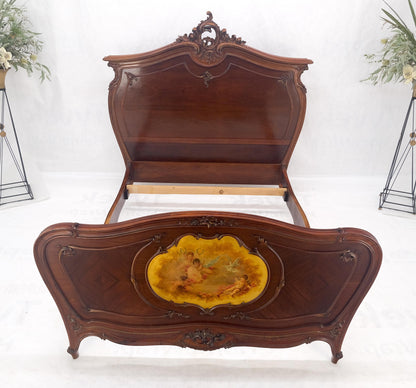 EstablishedLines Hand Paint Decorated Plaque Carved Walnut Queen Size French Bed Headboard Rails